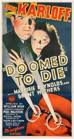 MR. WONG "DOOMED TO DIE" BORIS KARLOFF LINEN-MOUNTED THREE SHEET MOVIE POSTER.