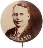 LARGE 1.75" "JAMES M. COX" SEPIA TONED REAL PHOTO BUTTON.