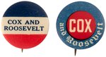 "COX AND ROOSEVELT" PAIR OF 1920 DEMOCRATIC CAMPAIGN SLOGAN BUTTONS.
