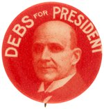 "DEBS FOR PRESIDENT" BOLD RED TONE PORTRAIT BUTTON.