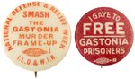 PAIR OF LORAY MILL STRIKE BUTTONS "SMASH THE GASTONIA MURDER FRAME UP".