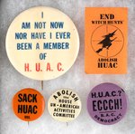 COLLECTION OF FIVE ANTI-HUAC ITEMS INCLUDING BUTTONS AND "END WITCH HUNTS" STAMP.