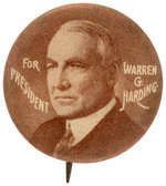 SCARCE "FOR PRESIDENT WARREN G. HARDING" BROWNTONE PORTRAIT BUTTON.