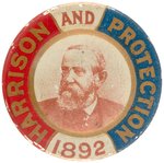 "HARRISON AND PROTECTION 1892" PORTRAIT LITHO BUTTON.