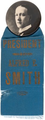 YOUTHFUL SMITH PORTRAIT BUTTON AND "FOR PRESIDENT" RIBBON.