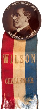 "FOR PRESIDENT WOODROW WILSON" SEPIA TONED REAL PHOTO BUTTON WITH "CHALLENGER" RIBBON.