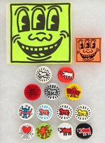 KEITH HARING 14 BUTTONS & 1 STICKER SPANNING 1982 TO C. 1986 SOHO OPENING OF HIS "POP SHOP".