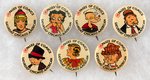 CHICAGO AMERICAN 1930s SEVEN COMIC CHARACTER BUTTONS INCL. BUCK ROGERS, BOOP, POPEYE, WIMPY.
