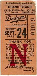 1957 BROOKLYN DODGERS TICKET STUB FOR FINAL GAME AT EBBETS FIELD.