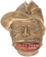 ROOSEVELT ROUGH RIDER "GIVE THEM HELL BOYS" BRASS FIGURAL PIN-BACK.