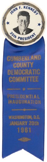 KENNEDY "CUMBERLAND COUNTY DEMOCRATIC COMMITTEE" BUTTON AND RIBBON.