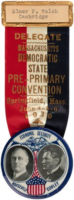 ROOSEVELT/CURLEY COATTAIL JUGATE BUTTON ON MASS. PRE-PRIMARY RIBBON ALL IN ORIGINAL BOX.