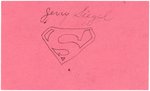 SUPERMAN CO-CREATOR JERRY SIEGEL SIGNED CARD WITH SUPERMAN SYMBOL SKETCH.