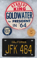 FOUR 1964 KENNEDY CAMPAIGN ITEMS INCLUDING "KERNER" COATTAIL BUTTON, MINI-LICENSE PLATE.