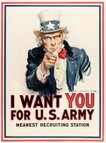 CLASSIC WORLD WAR I UNCLE SAM "I WANT YOU FOR U.S. ARMY" LINEN-MOUNTED RECRUITMENT POSTER.