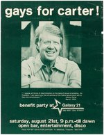 "GAYS FOR CARTER!" 1976 CAMPAIGN POSTER ADVERTISING EVENT AT "GALAXY 21."