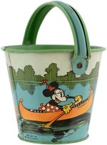 MICKEY & MINNIE MOUSE & PLUTO RARE & EXCEPTIONAL SMALL SAND PAIL WITH SHOVEL.