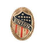 "UNION" SUPERB QUALITY BRASS SHELL PIN WITH HAND-PAINTED COLOR ACCENTS.