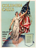 WORLD WAR I "COLUMBIA CALLS" LINEN-MOUNTED U.S. ARMY RECRUITMENT POSTER.