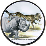 SUPERB 6” LIMITED EDITION BUTTON WITH McCAIN, PALIN AND OBAMA BY RENOWNED CARICATURIST TAYLOR JONES.