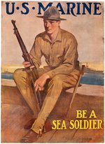 WORLD WAR I "U.S. MARINE - BE A SEA SOLDIER" LINEN-MOUNTED RECRUITMENT POSTER.