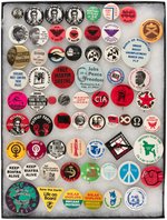 CAUSE BUTTON COLLECTION OF 62 PLUS THREE DUPLICATES SPANNING 1960s TO 1991.