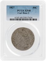 1827 CAPPED BUST HALF DOLLAR CURL BASE 2 PCGS XF 40.