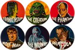UNIVERSAL MONSTERS "FAMOUS MONSTERS BUTTONS" LARGE SIZE SET WITH DRACULA VARIANT.