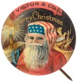 SANTA IN AMERICAN FLAG HAT DAMAGED BUT RARE AND STILL OUTSTANDING BUTTON C. 1907.