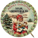GORGEOUS LARGE 1.5" SANTA WITH BI-PLANE & GIFTS BUTTON & FIRST SEEN IMPRINT OF MOBILE, AL FIRM.