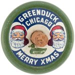 TWO SANTAS  SELF-PROMOTION LITHO TIN TOP BY ADVERTISING SPECIALTIES FIRM GREEN DUCK.