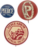 PIERCE BICYCLE 1896/1898 BUTTONS PLUS RARE PIERCE ARROW CAR EMPLOYEE PICNIC BUTTON.