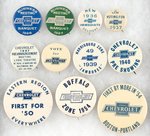 CHEVROLET TEN RARE CELLO AND ONE SCARCE LITHO DATED BUTTONS 1926-1954.