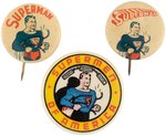 SUPERMAN'S FIRST THREE BUTTONS ISSUED BY ACTION COMICS IN 1939, 1940 AND 1942.