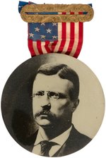 ROOSEVELT 3.5" REAL PHOTO BUTTON SUSPENDED FROM FLAG RIBBON.