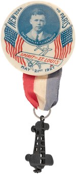 CHARLES LINDBERGH "NEW YORK TO PARIS" FLAG MOTIF GRAPHIC PORTRAIT BUTTON.