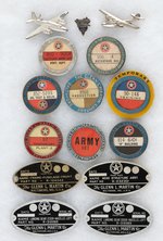 GLENN L. MARTIN WWII ERA STERLING PINS, COMPANY ID BADGES, PARTS ID PLATES.