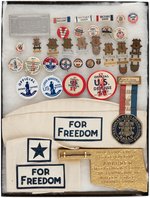 WWII U.S. WAR BONDS, STAMPS, LOANS 35 PIECES INCL. BUTTONS, AWARDS, HAT, ARMBAND.