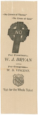 BRYAN "PEOPLE'S PARTY" KANSAS COATTAIL RIBBON "NO CROWN OF THORNS NO CROSS OF GOLD."