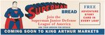 RARE "SUPERMAN BREAD" STORE SIGN PROMOTING ADVENTURE STORY CARDS.