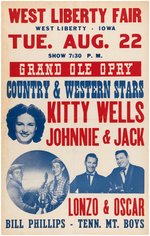 "GRAND OLE OPRY" STARS KITTY WELLS, JOHNNIE & JACK, LONZO & OSCAR RARE 1950 CONCERT POSTER.