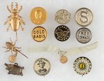 COLLECTION OF 14 GOLD AND SILVER ISSUE BUTTONS, STICKPINS AND STUD BACKS.