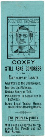 COXEY "KEEP OFF THE GRASS" RARE HIGH GRADE PAPER RIBBON.