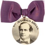 "WM. JENNINGS BRYAN" REAL PHOTO BUTTON SUSPENDED FROM PURPLE BOW.