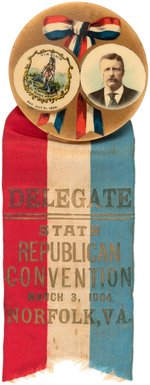 RARE ROOSEVELT NORFOLK, VA "STATE REPUBLICAN CONVENTION" 1904 BUTTON & RIBBON.