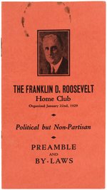 ROOSEVELT "HOME CLUB" BUTTON, PAMPHLET AND DONATION ENVELOPE.