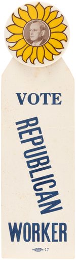 SCARCE LANDON SUNFLOWER MOTIF BUTTON WITH "VOTE REPUBLICAN WORKER" RIBBON.