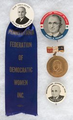 FOUR TRUMAN INAUGURAL BUTTONS AND "SOUVENIR" BADGE.