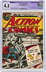 "ACTION COMICS" #58 MARCH 1943 CGC RESTORED APPARENT 4.5 SLIGHT (C-1) VG+.