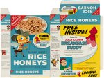 NABISCO "RICE HONEYS" FILE COPY CEREAL BOX FLAT & "JOLLY CLOWN BREAKFAST BUDDY" PREMIUMS.